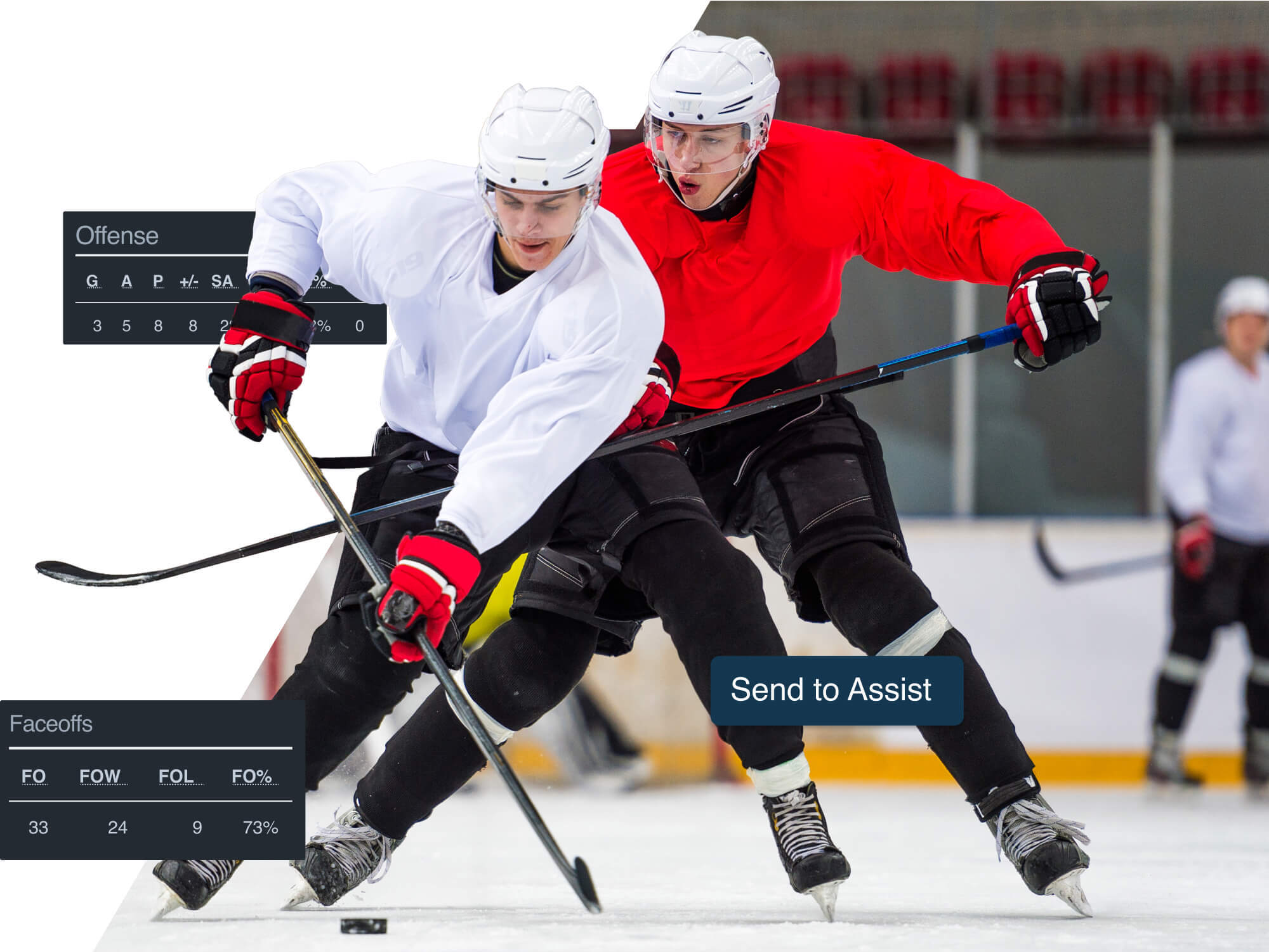 Hockey players on the ice fielding the puck with stat reports and a Send to Assist button overlaid